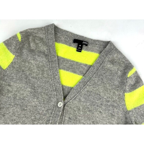 Aqua Cashmere V Neck Cardigan Sweater Gray Chartreuse Green Womens Size M - Picture 2 of 7